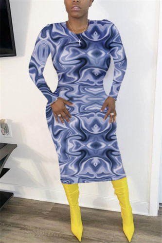 Blue British Style Print O Neck Long Sleeve Mid Calf Pencil Skirt Dresses