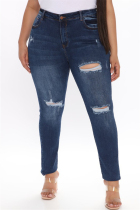 Blue Fashion Casual Solid Plus Size Broken Hole Jeans