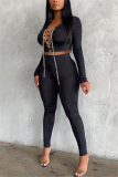 Black Fashion Sexy Adult Milk Fiber Solid Hollowed Out Frenulum V Neck Long Sleeve Regular Sleeve Short Two Pieces