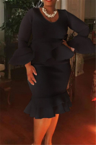 Black Fashion Casual O Neck Long Sleeve Flare Sleeve Solid Plus Size Dress