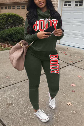 Army Green Casual Print Patchwork Turtleneck Long Sleeve Two Pieces
