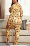 Yellow Sexy Living Knitting Character Print Buttons V Neck Plus Size 
