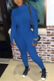 Blue Fashion Sexy Zipper Collar Long Sleeve Regular Sleeve Skinny Letter Embroidery Jumpsuits