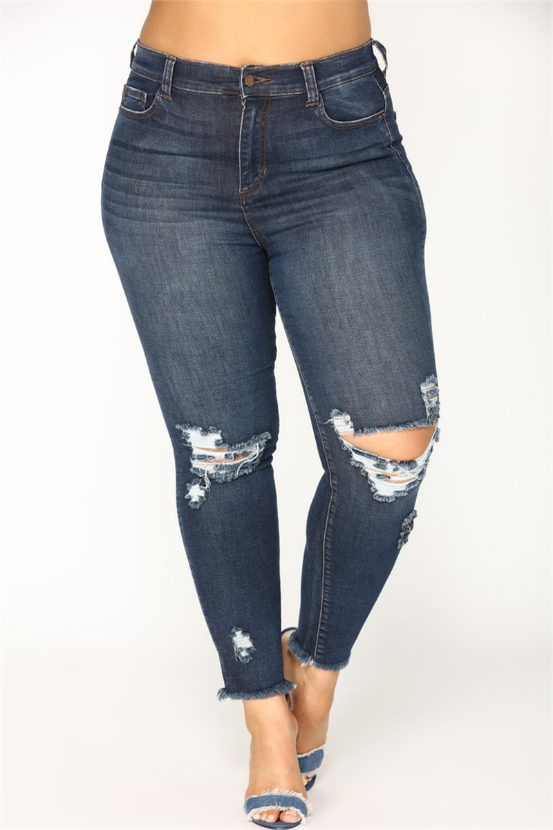 

Blue Fashion Casual Solid Plus Size Broken Hole Jeans