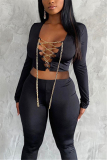 Black Fashion Sexy Adult Milk Fiber Solid Hollowed Out Frenulum V Neck Long Sleeve Regular Sleeve Short Two Pieces