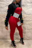 Red Fashion Sexy Adult PVC Print Patchwork Letter O Neck Long Sleeve Regular Sleeve Longer In The Rear Two Pieces