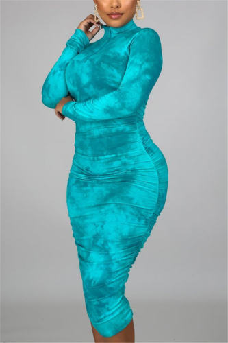 Cyan Casual Twilled Satin Print Tie-dye Fold O Neck Pencil Skirt Plus Size