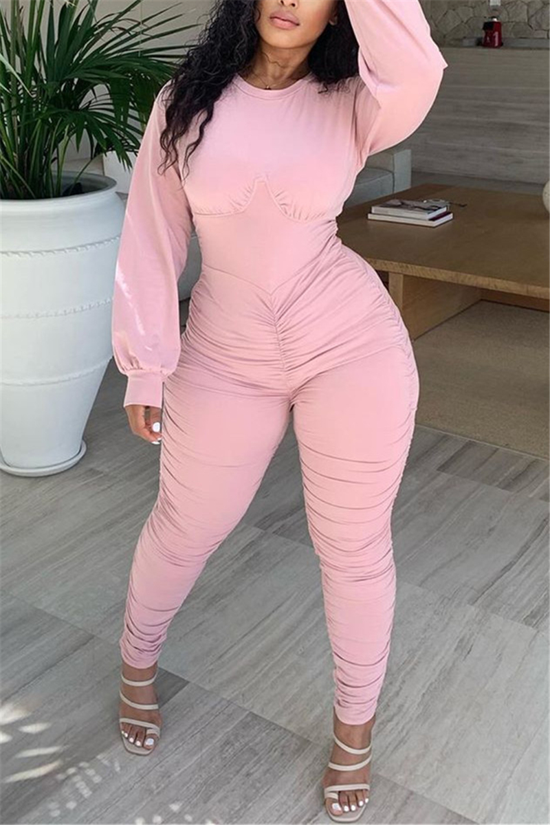 

Pink Fashion Casual O Neck Long Sleeve Regular Sleeve Skinny Solid Jumpsuits