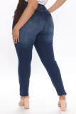 Blue Fashion Casual Solid Plus Size Broken Hole Jeans