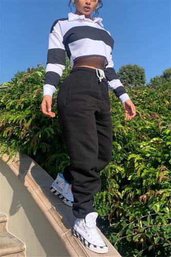 Black Fashion Casual Blends Striped Print Pullovers Pants POLO collar Long Sleeve Regular Sleeve Short Two Pieces