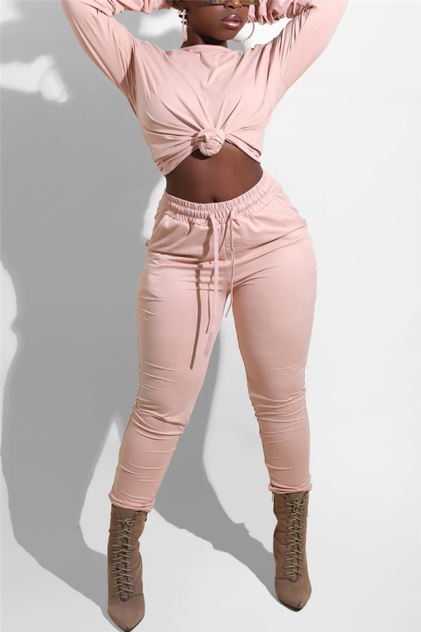 Pink Fashion Casual Living Solid Draw String Frenulum Pullovers Pants Basic O Neck Long Sleeve Regular Sleeve Regular Two Pieces