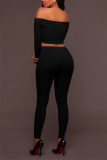 Black Fashion Sexy Adult Solid Patchwork Bateau Neck Long Sleeve Regular Sleeve Short Two Pieces