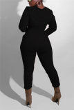 Black Fashion Casual Living Solid Draw String Frenulum Pullovers Pants Basic O Neck Long Sleeve Regular Sleeve Regular Two Pieces