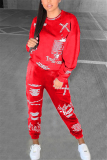 Red Fashion Street Adult Print Patchwork Letter O Neck Regular Sleeve Regular Two Pieces