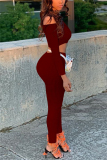 Wine Red Fashion Sexy Adult Solid Patchwork Bateau Neck Long Sleeve Regular Sleeve Short Two Pieces