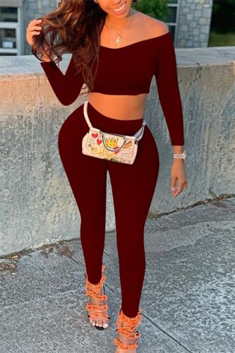 Wine Red Fashion Sexy Adult Solid Patchwork Bateau Neck Long Sleeve Regular Sleeve Short Two Pieces