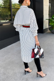Black Elegant Striped Fold Turndown Collar Outerwear
