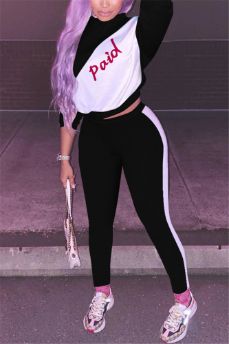 Black Sportswear Print Long Sleeve Regular Sleeve Two Pieces