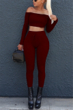 Wine Red Fashion Sexy Adult Solid Patchwork Bateau Neck Long Sleeve Regular Sleeve Short Two Pieces