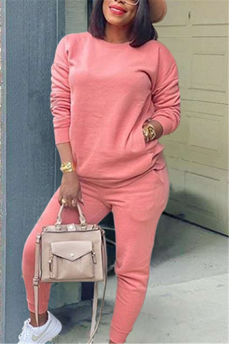 Pink Casual Adult Solid Patchwork O Neck Two Pieces