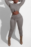 Grey Fashion Casual Living Solid Draw String Frenulum Pullovers Pants Basic O Neck Long Sleeve Regular Sleeve Regular Two Pieces