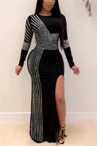 Black Fashion Sexy Regular Sleeve Long Sleeve O Neck Mid Calf Patchwork Dresses