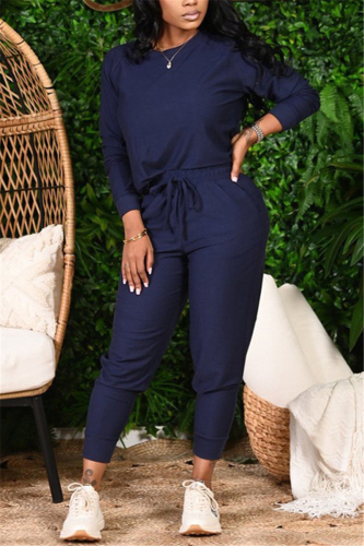 Blue Fashion Casual Long Sleeve O Neck Regular Sleeve Regular Solid Two Pieces