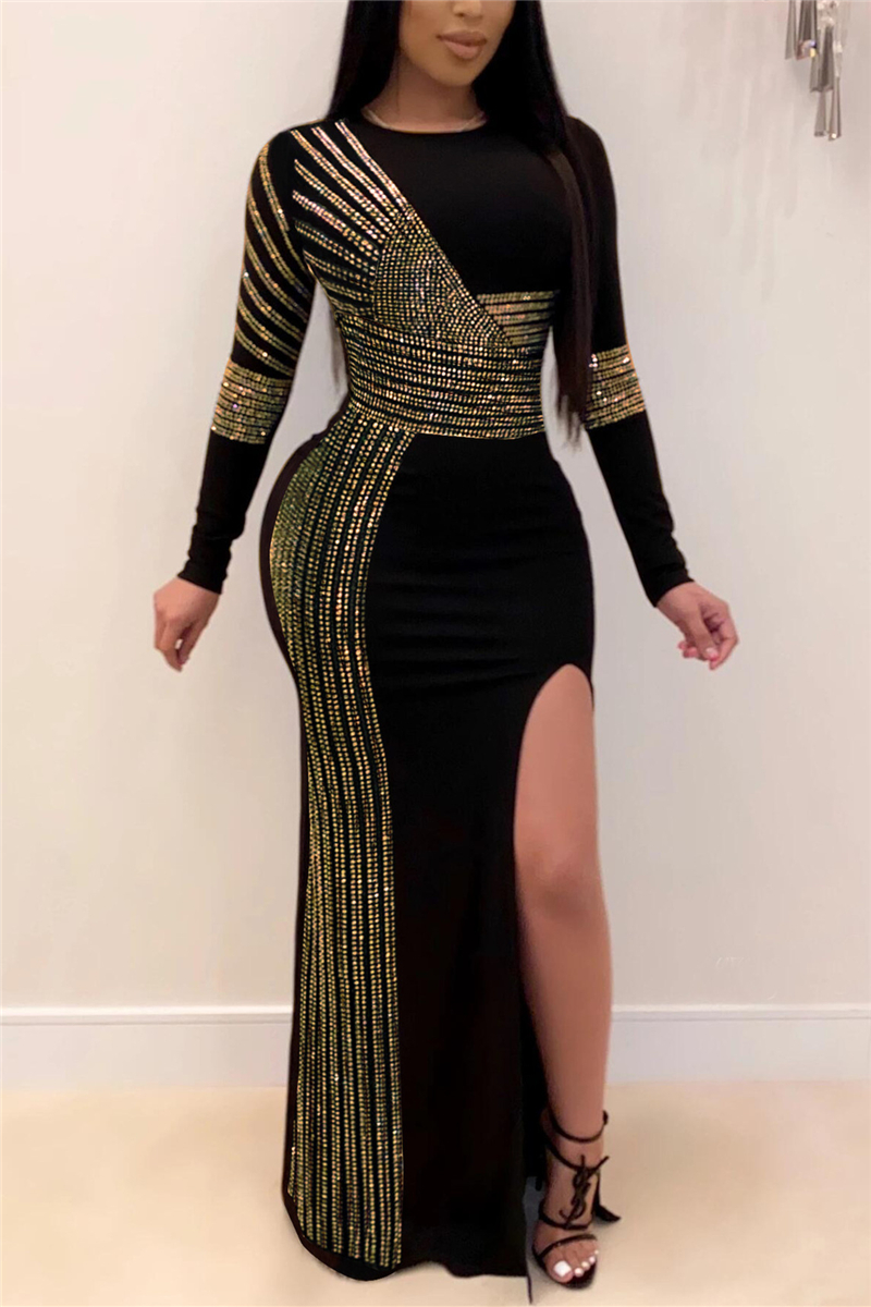 

Gold Fashion Sexy Regular Sleeve Long Sleeve O Neck Mid Calf Patchwork Dresses