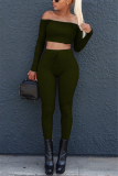 Army Green Fashion Sexy Adult Solid Patchwork Bateau Neck Long Sleeve Regular Sleeve Short Two Pieces