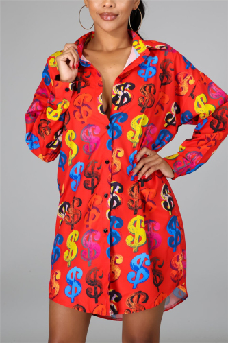 Red Fashion Casual Regular Sleeve Long Sleeve Turndown Collar Shirt Dress Mini Print Dresses