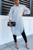 White Elegant Striped Fold Turndown Collar Outerwear