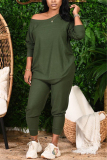 Army Green Fashion Casual Long Sleeve O Neck Regular Sleeve Regular Solid Two Pieces