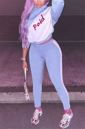 Blue Sportswear Print Long Sleeve Regular Sleeve Two Pieces