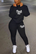 Black Fashion Sportswear Adult Letter Print O Neck Two Pieces