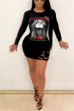 Black Sexy Casual Street Blends Figure Letter Print Ripped Letter O Neck Long Sleeve Mini Pencil Skirt Dresses