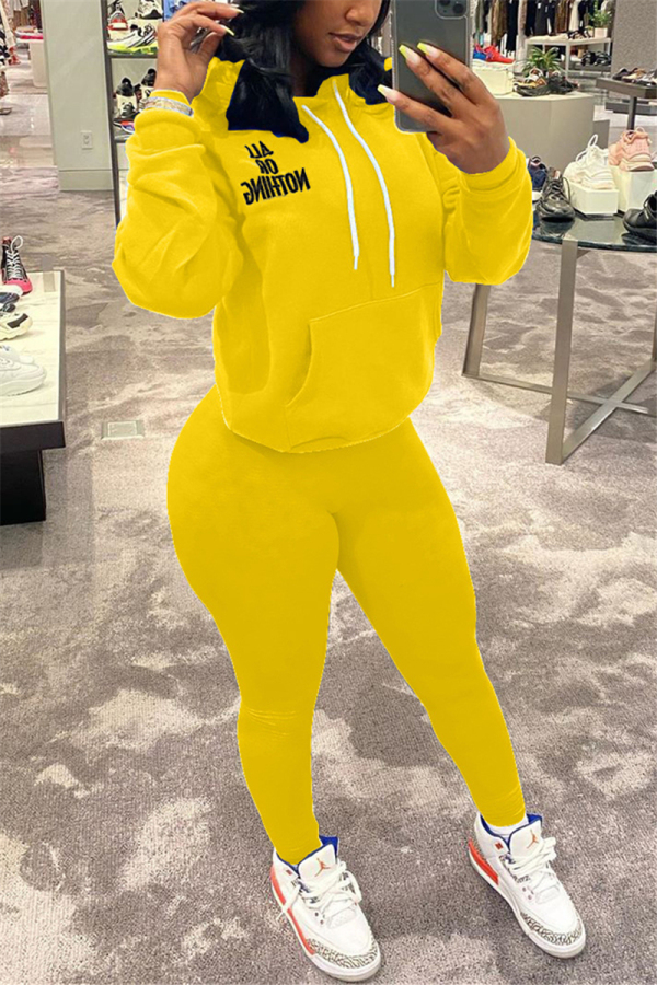 Yellow Casual Letter Solid Embroidered Draw String Pocket Letter Pullovers Pants Hooded Collar Long Sleeve Regular Sleeve Regular Two Pieces