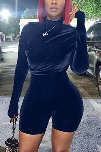 Navy Blue Sexy Party Flocking Solid Fold Turtleneck Skinny Rompers