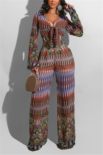 Multi Fashion Casual Long Sleeve V Neck Regular Sleeve Short Print Two Pieces