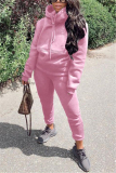 Pink Fashion Casual Adult Solid Patchwork Hooded Collar Long Sleeve Regular Sleeve Regular Two Pieces