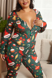 Black Green Sexy Living Knitting Character Print Buttons U Neck Plus Size