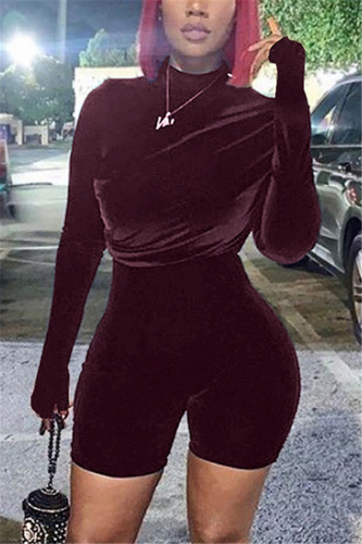 Wine Red Sexy Party Flocking Solid Fold Turtleneck Skinny Rompers