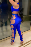 Blue Fashion Sexy Half A Turtleneck Sleeveless Off The Shoulder Skinny Solid Jumpsuits