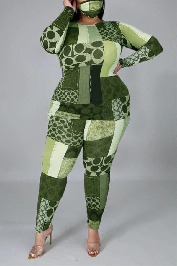 Green Fashion British Style Adult Print Patchwork O Neck Plus Size