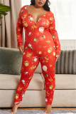 Red Sexy Living Knitting Character Print Buttons U Neck Plus Size 