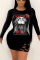 Black Sexy Casual Street Blends Figure Letter Print Ripped Letter O Neck Long Sleeve Mini Pencil Skirt Dresses