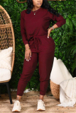 Wine Red Fashion Casual Long Sleeve O Neck Regular Sleeve Regular Solid Two Pieces