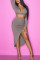 Grey Fashion Solid Hollowed Out Slit V Neck Long Sleeve Regular Sleeve Short Two Pieces