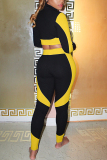 Yellow Casual Solid Patchwork O Neck Long Sleeve Regular Sleeve Short Two Pieces