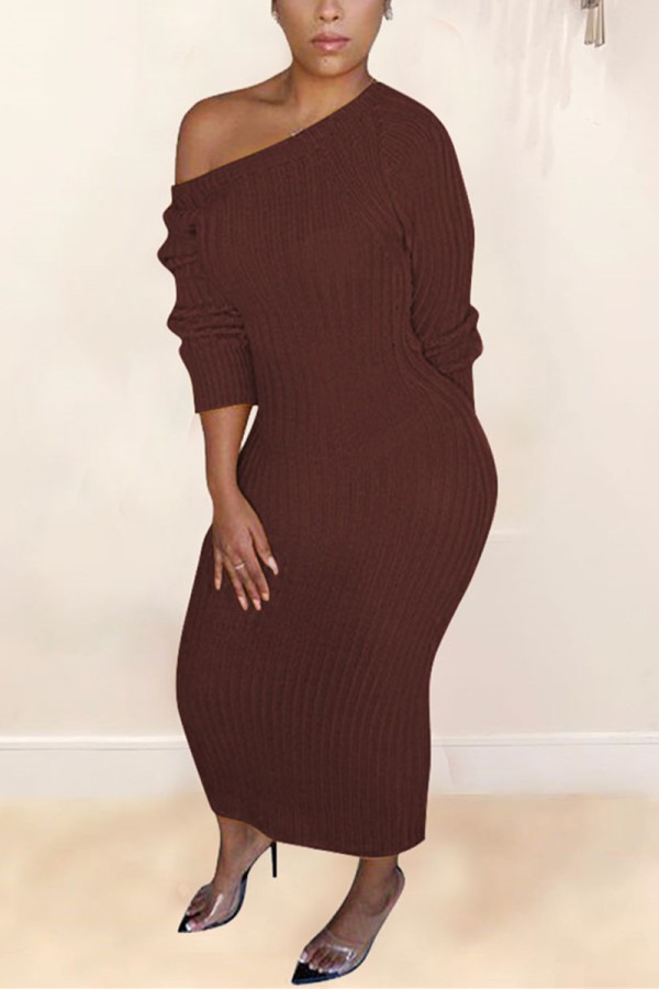 Wine Red Fashion Sexy Regular Sleeve Long Sleeve O Neck A Line Ankle Length Solid Dresses