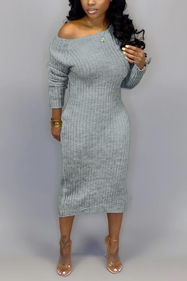 Gray Fashion Sexy Regular Sleeve Long Sleeve O Neck A Line Ankle Length Solid Dresses